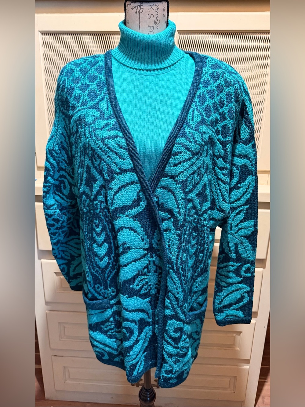 NWT VTG Antonella Ore Italy Metallic Knit Twinset Cardigan Sleeveless Turtleneck